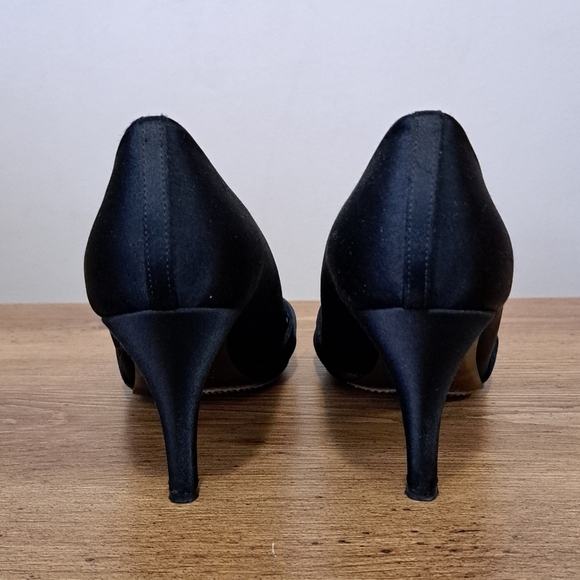 J. Crew Black Heels Women's Size 8 Fabric Upper Bow Open Toe Gold Made in Italy - Picture 6 of 16